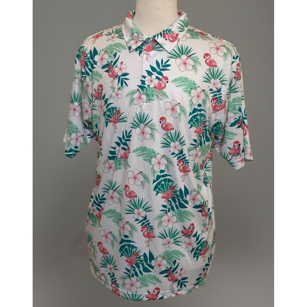 EVERSOLE Golf Polo Shirt Mens Size Large Pink Flamingo Flower Multi Color